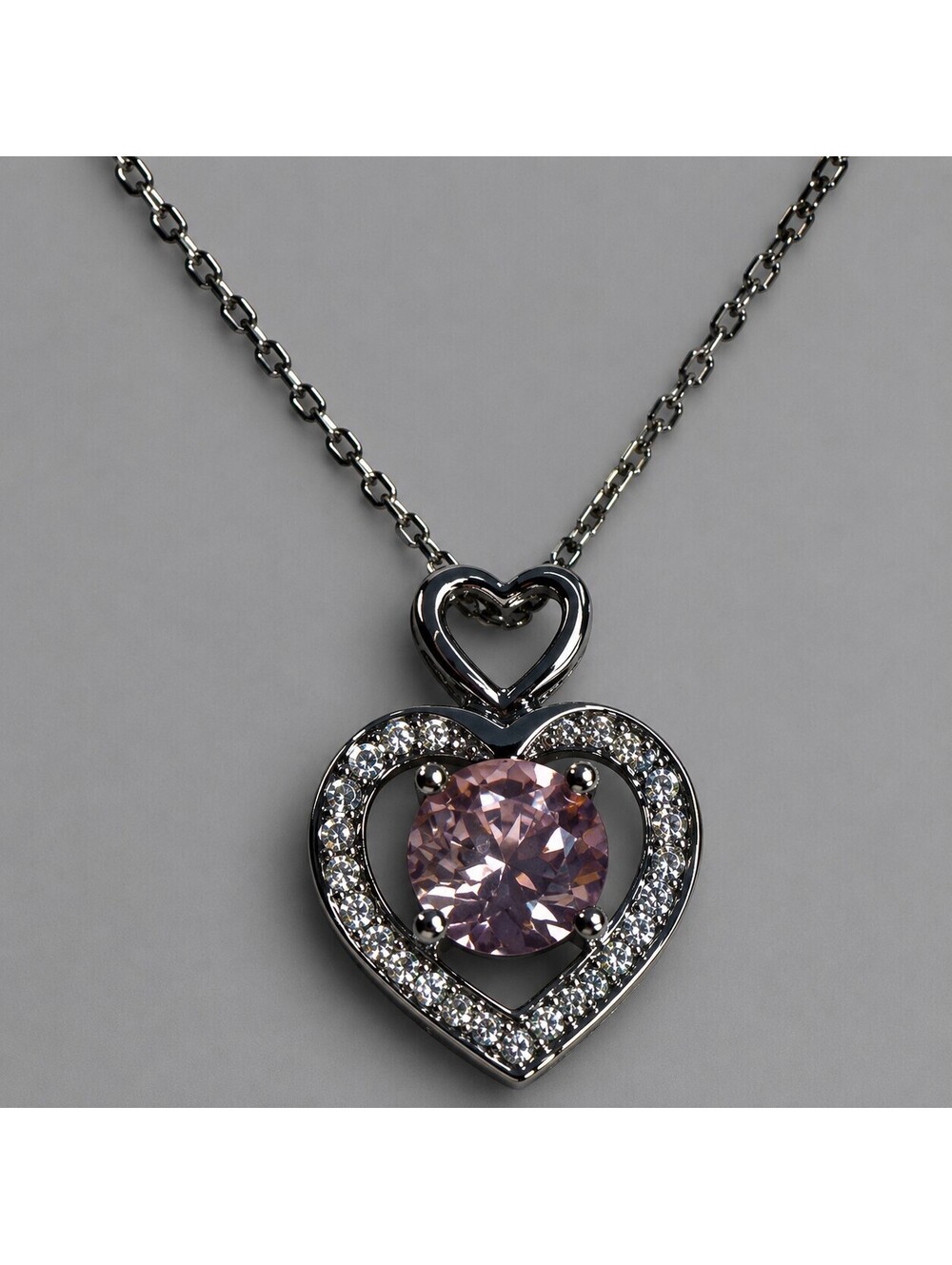 Heart Pendant Necklace with Pink Center Gemstone Stainless